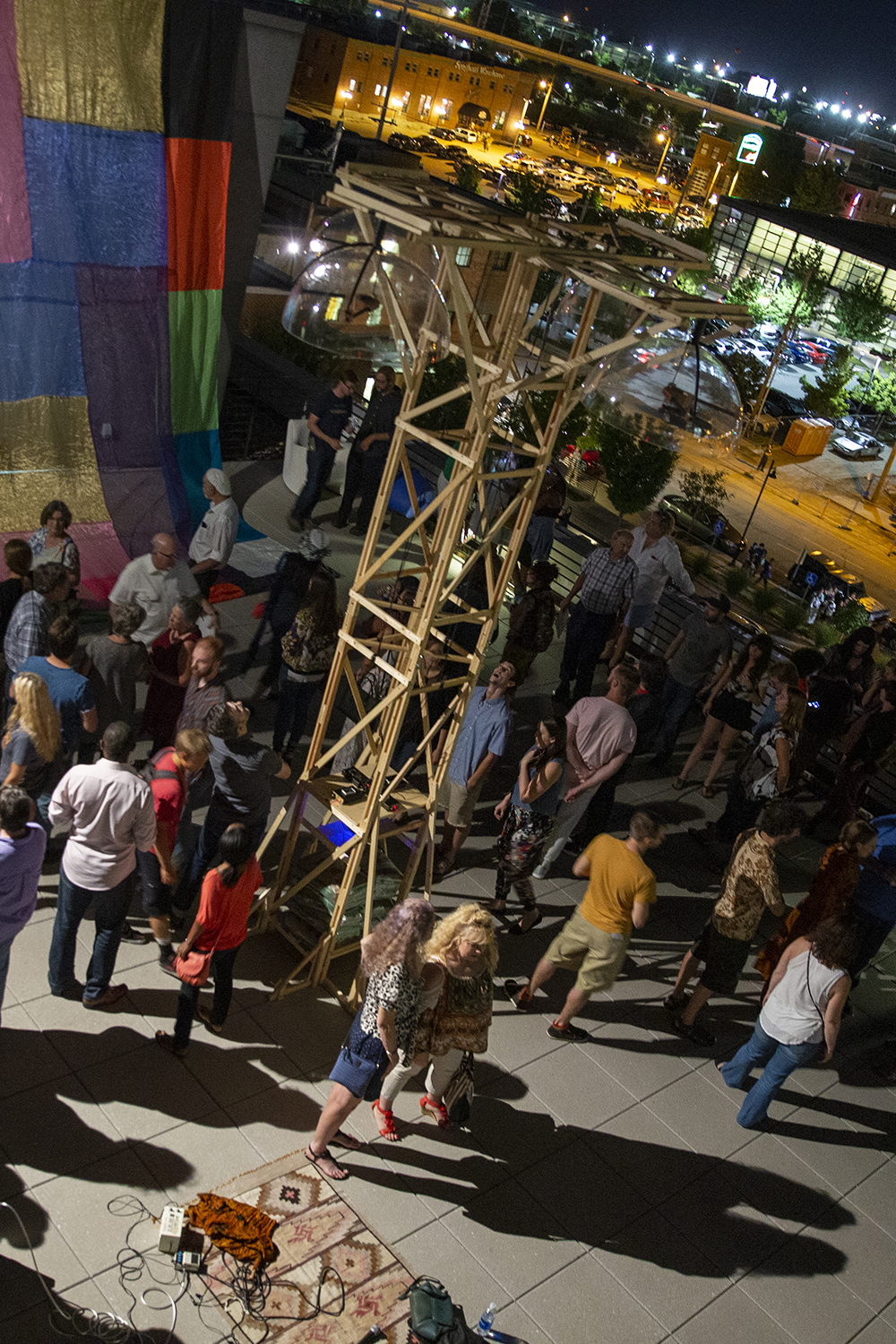 Nighttime view of the tower during the exhibitions opening events.